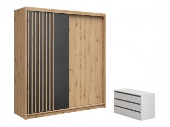 Aura SZF/200 gardrób szekrény komóddal lamella, fekete/ artisan tölgy