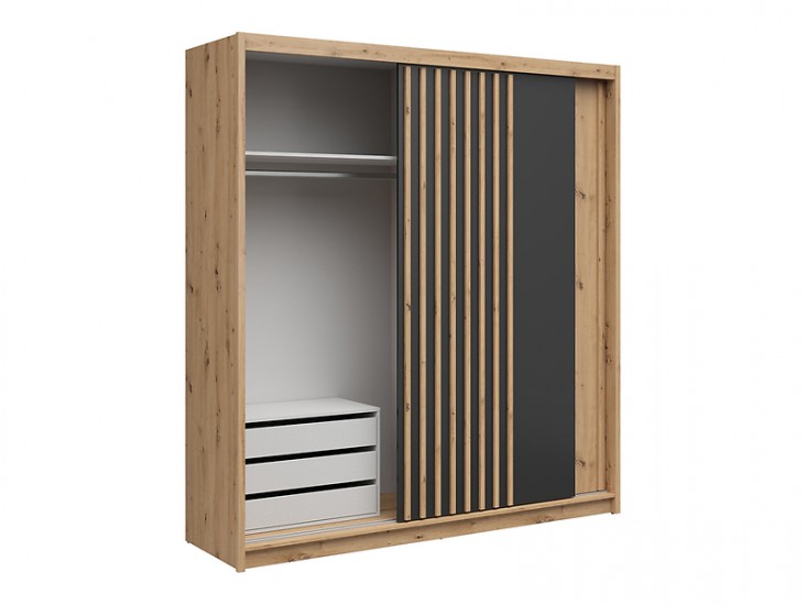 Aura SZF/200 gardrób szekrény komóddal lamella, fekete/ artisan tölgy