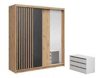 Aura SZF/200 gardrób szekrény komóddal lamella, fekete, tükör/ artisan tölgy