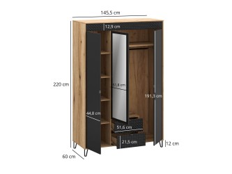 Bellano SZ3D2S tükrös gardrób szekrény fekete/ evok tölgy