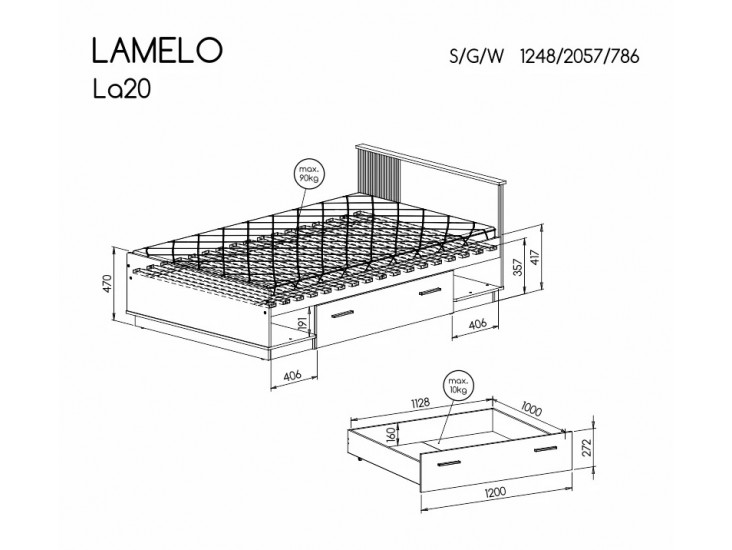 Lamello LA20 L1S/120 ágy ágyráccsal, matrac nélkül matt fekete/ wotan tölgy