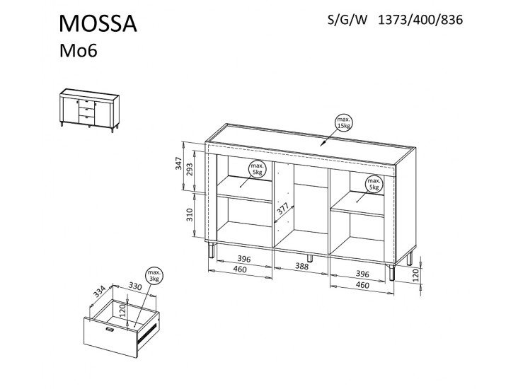 Mossa MO6 K2D3S komód kasmír/ Whisky tölgy Mossa MO6 K2D3S komód kasmír/ Whisky tölgy