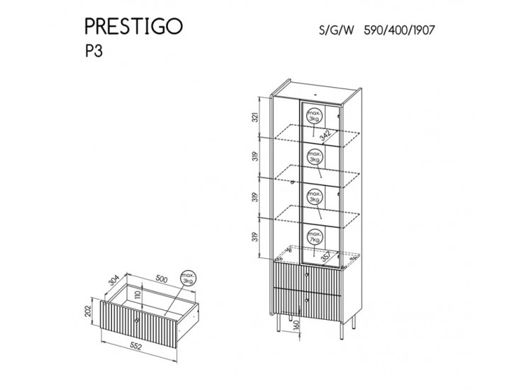 Prestigo P3 W1D1W2S vitrin matt fekete/ warmia dió Prestigo P3 W1D1W2S vitrin matt fekete/ warmia dió