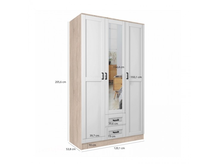 Kami tükrös gardróbszekrény SZL3D2S keretes fehér/ sonoma tölgy