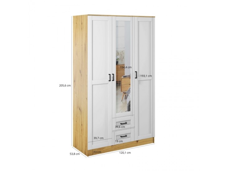 Kami tükrös gardróbszekrény SZL3D2S keretes fehér/ artisan tölgy