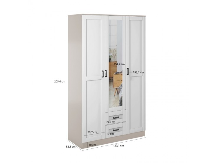 Kami tükrös gardróbszekrény SZL3D2S keretes fehér/ kasmír